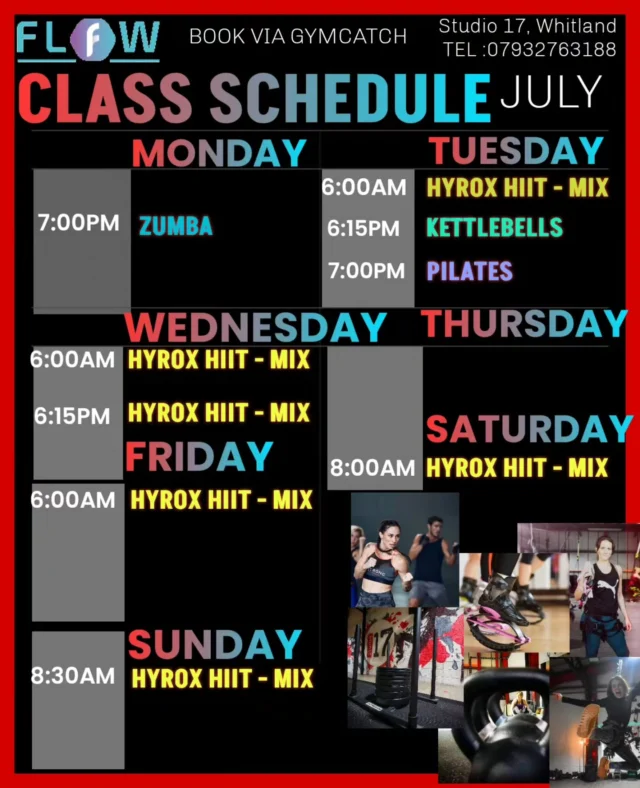 This week....

Starting with Zumba Fitness this evening at 7pm 🙌💃🕺

WEDNESDAY CHANGES - NEW EVENING HYROX HIIT 

Funky Bounce will return in September - 
Bungee fitness will return August 7th 

Book yourself in to some classes on GYMCATCH