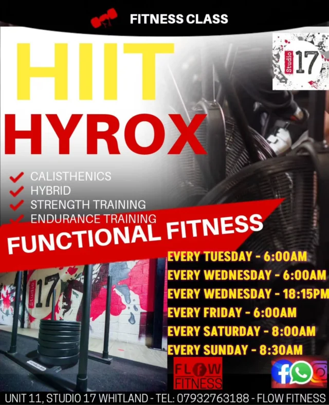 We have added a HYROX HIIT WEDNESDAY EVENING session to the Timetable as I'm out of action 🤕 for FUNKY BOUNCE for the next 4+ weeks.

We have spaces this evening at 6:15pm - GYMCATCH BOOKINGS or give me a shout on 07932763188 and I'll book you in 👌🙌

FLOW Fitness with Angharad at Studio17